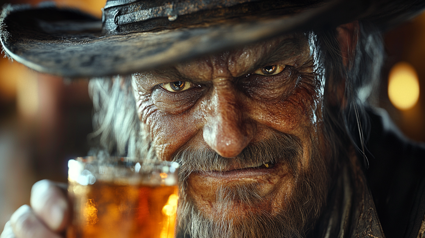 Evil cowboy enjoying drink, detailed, high quality image.