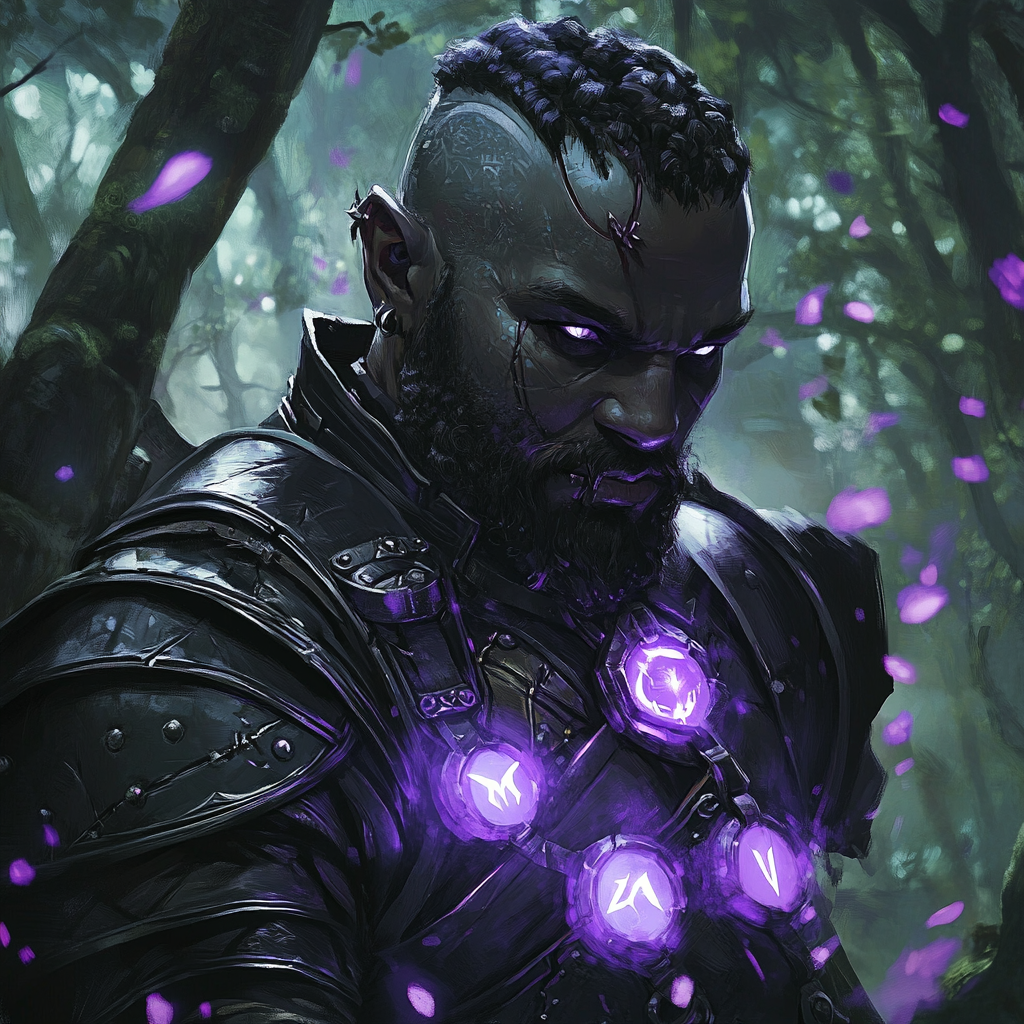 Evil dwarf man in dark armor in forest.