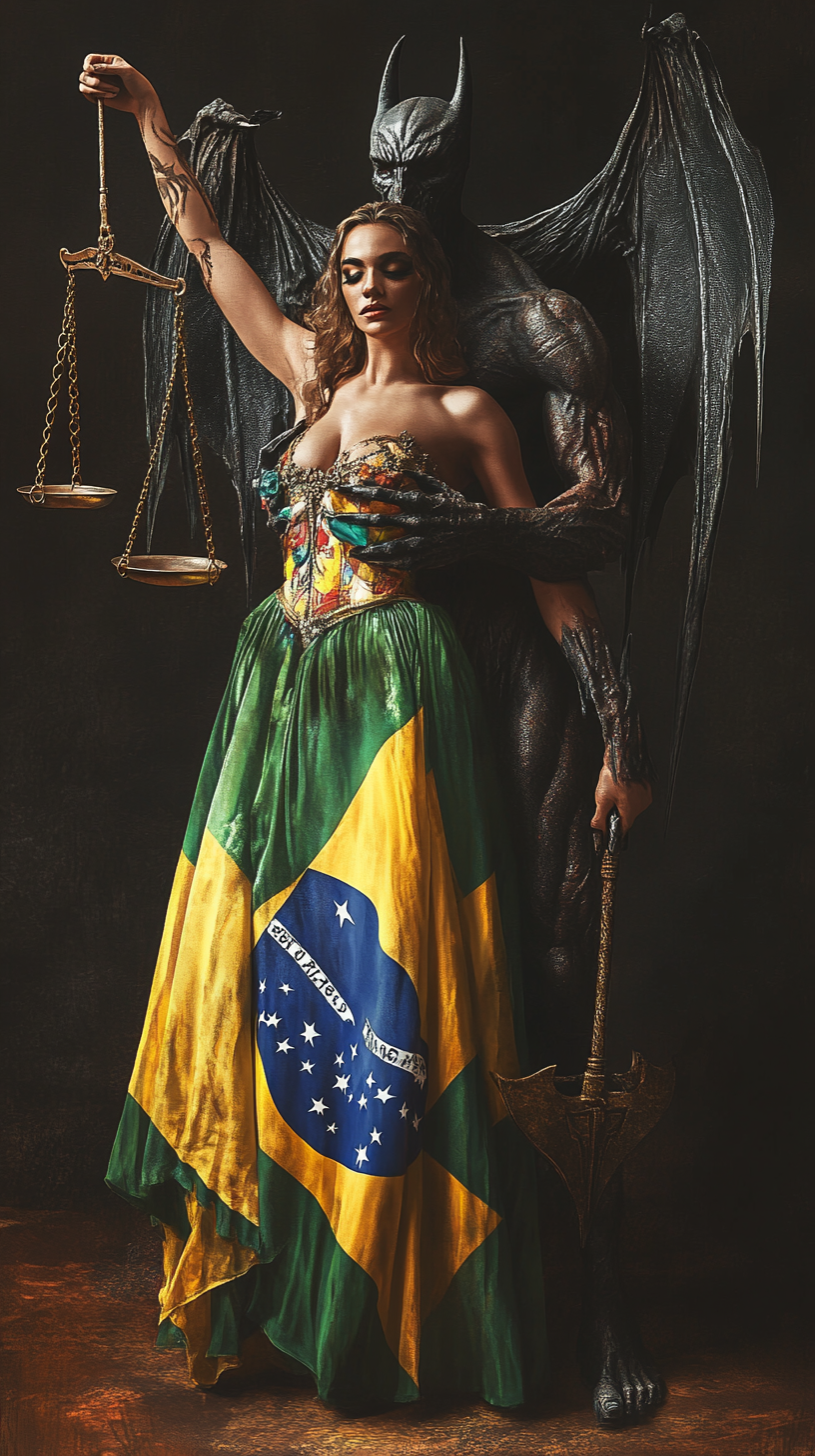 Evil man holding woman in Brazilian flag dress.