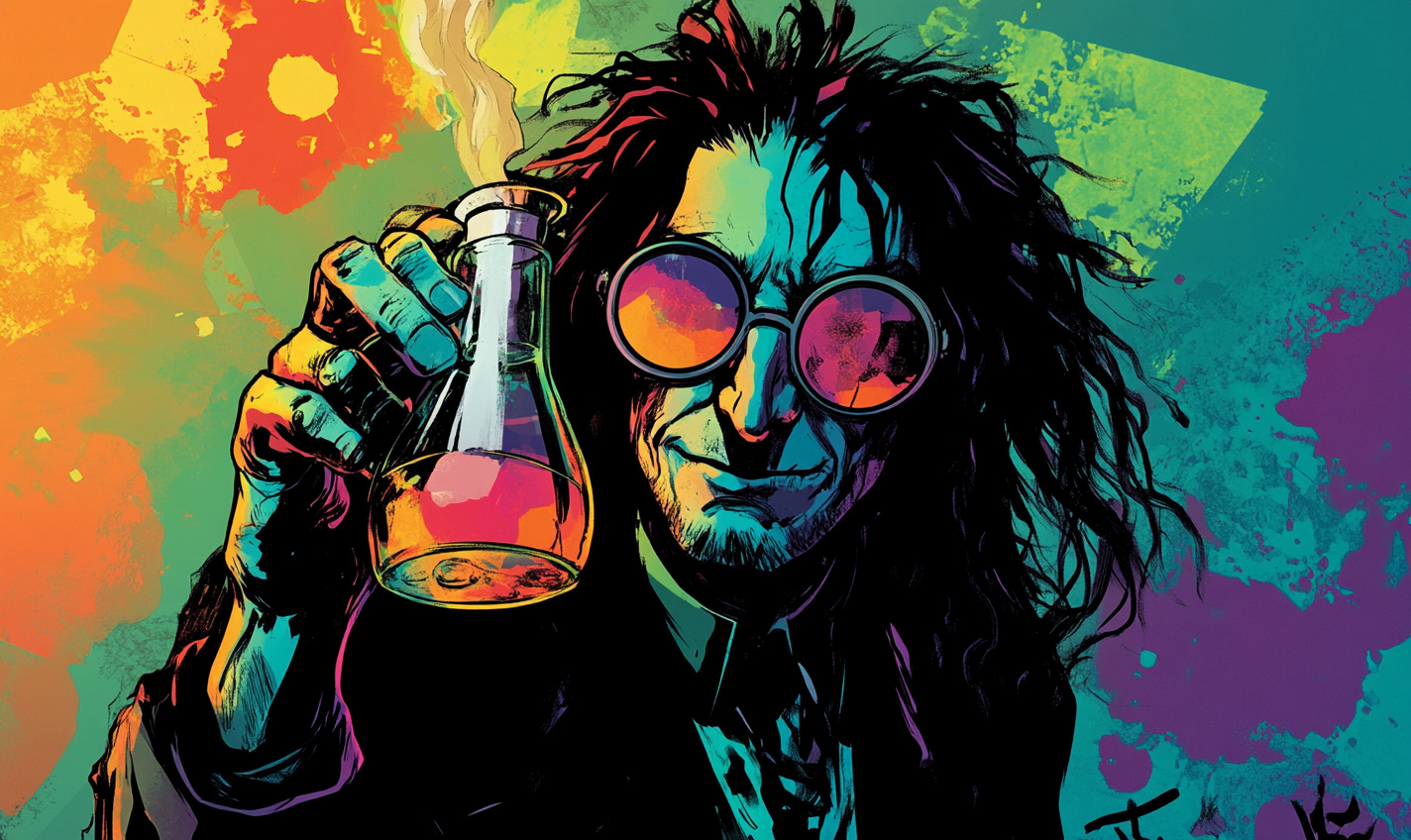 Evil scientist resembling Nikki Sixx doing colorful experiments.