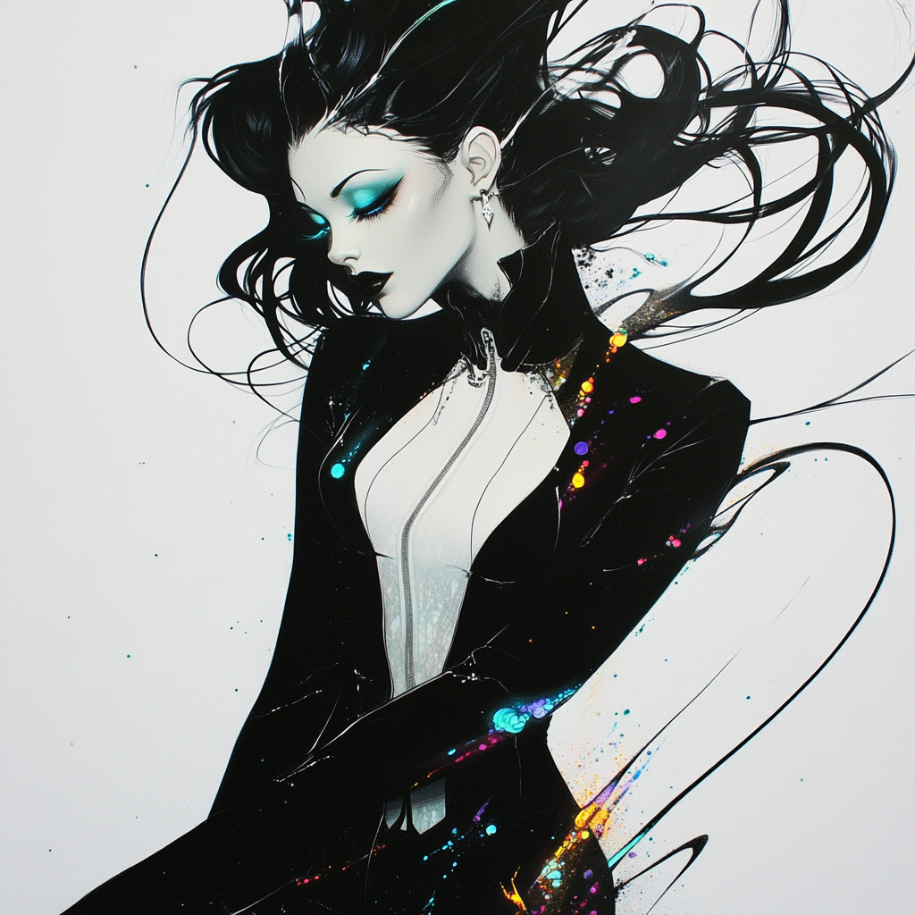 Evil woman in colorful suit, Jae Lee art.