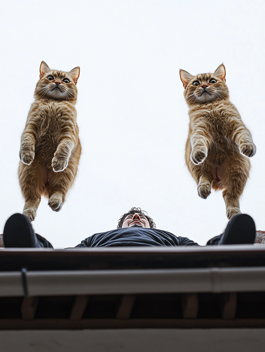 Exaggerated Cats Watch Human Fall from Roof 