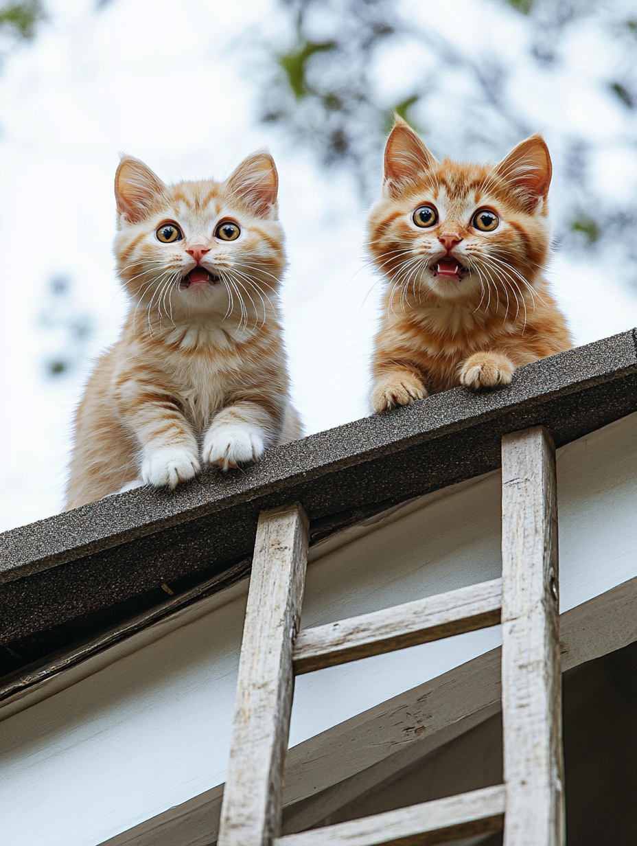 Exaggerated Comic Cats on House Roof - AR 3:4