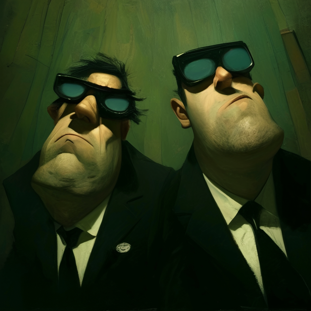 Exaggerated emotional caricature of the Blues Brothers in photo.