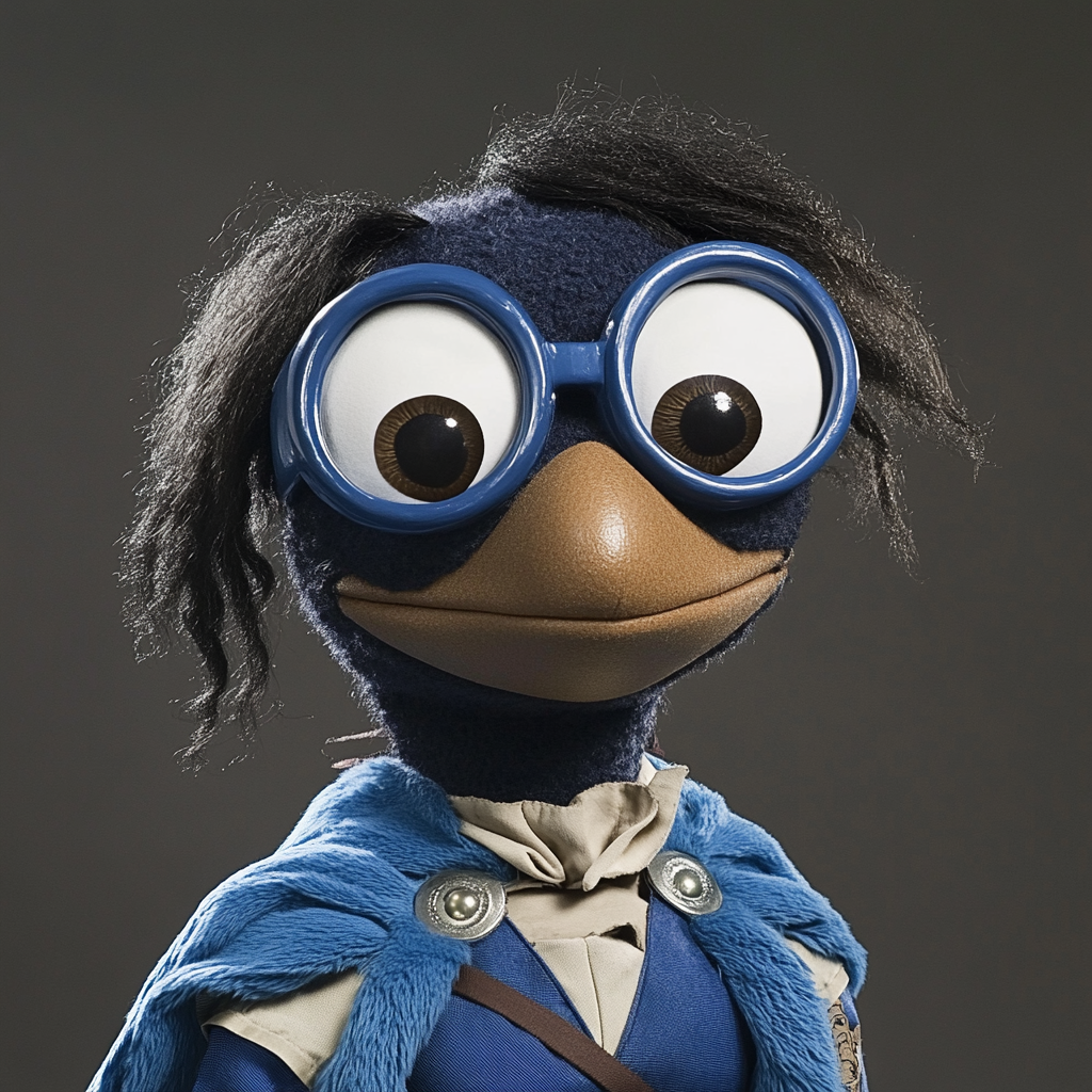 Exaggerated facial features on blue superhero puppet with big eyes.