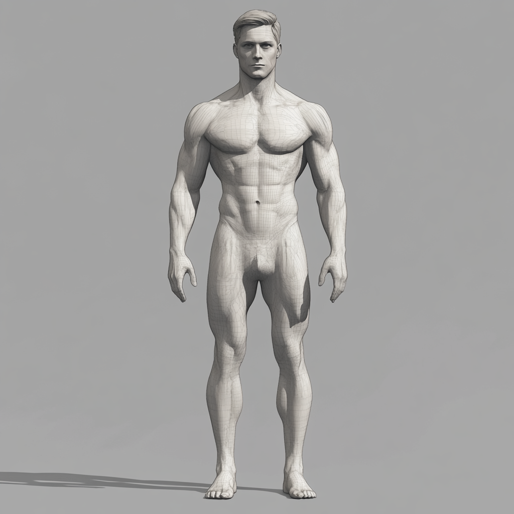 Exaggerated male figure, 160 cm, shorter limbs, larger head.