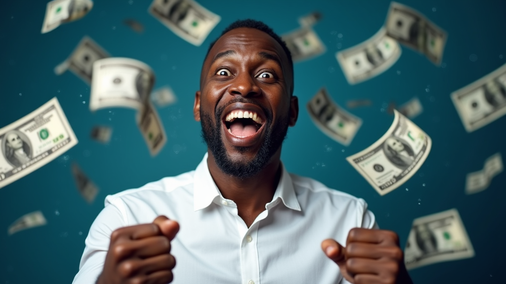 Excited African Man Celebrating Victory Among Dollars