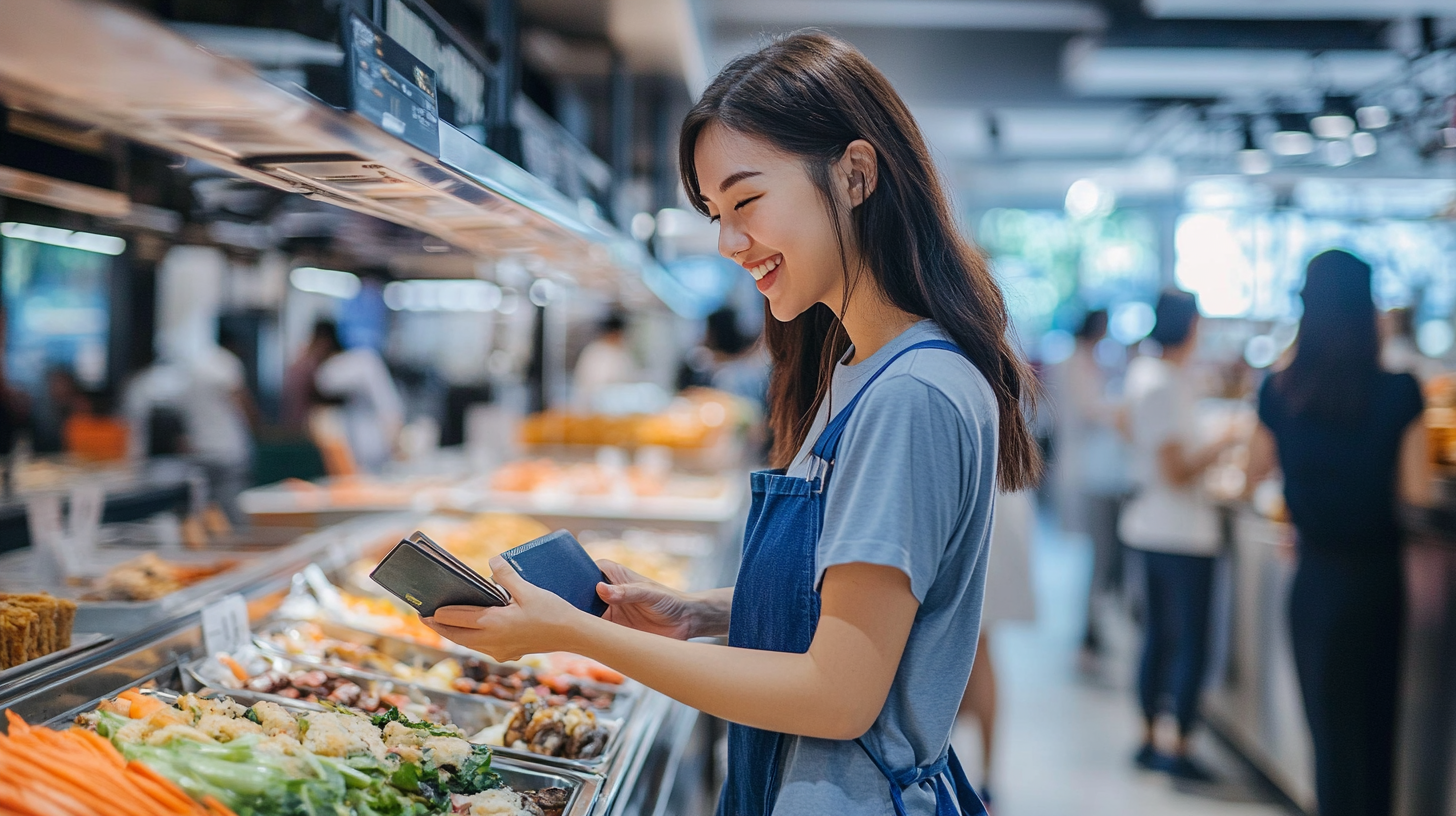 Excited Asian woman paying for food at canteen