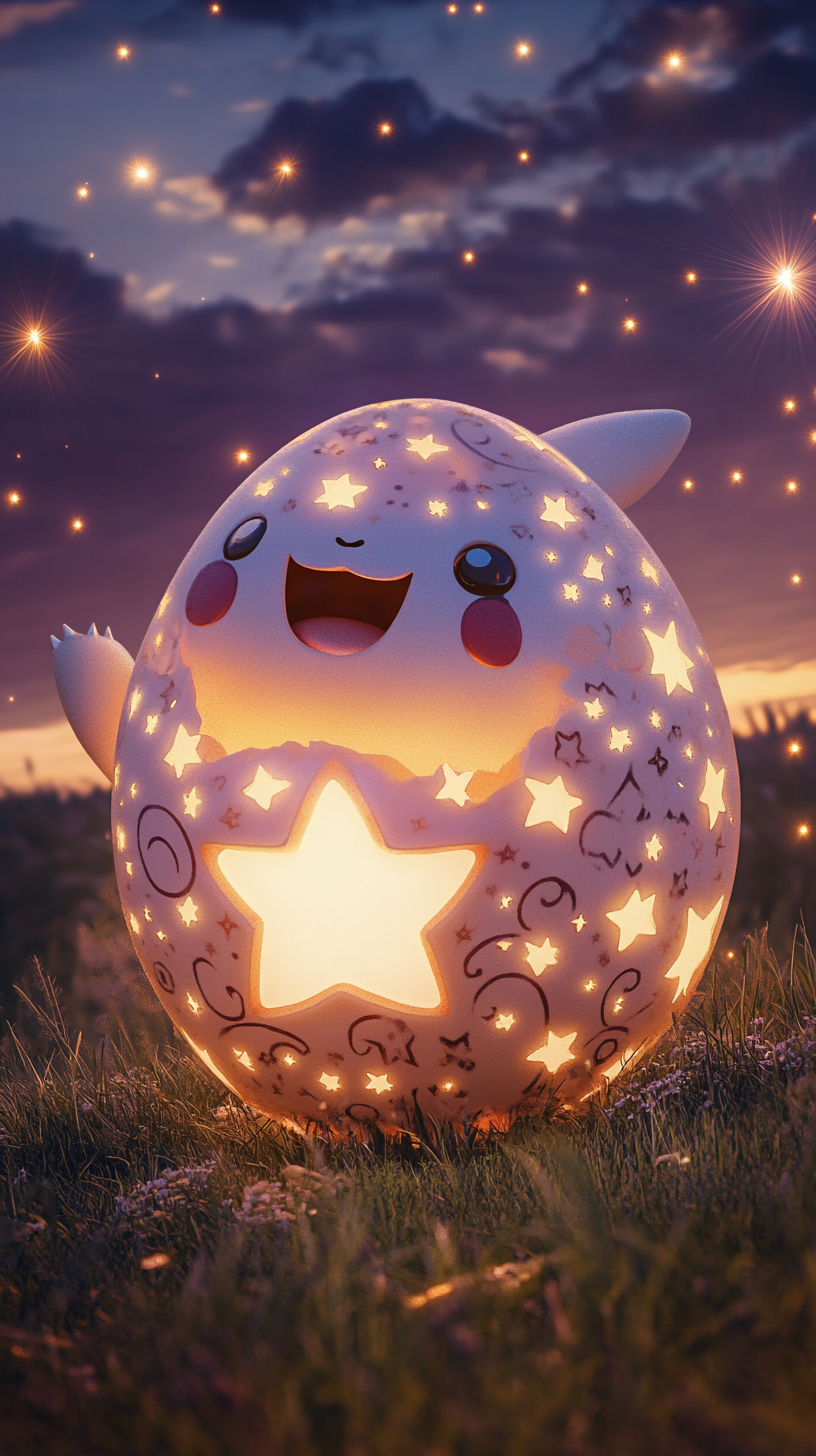 Excited Chibi Togepi from glowing star-patterned egg. Dreamy meadow.