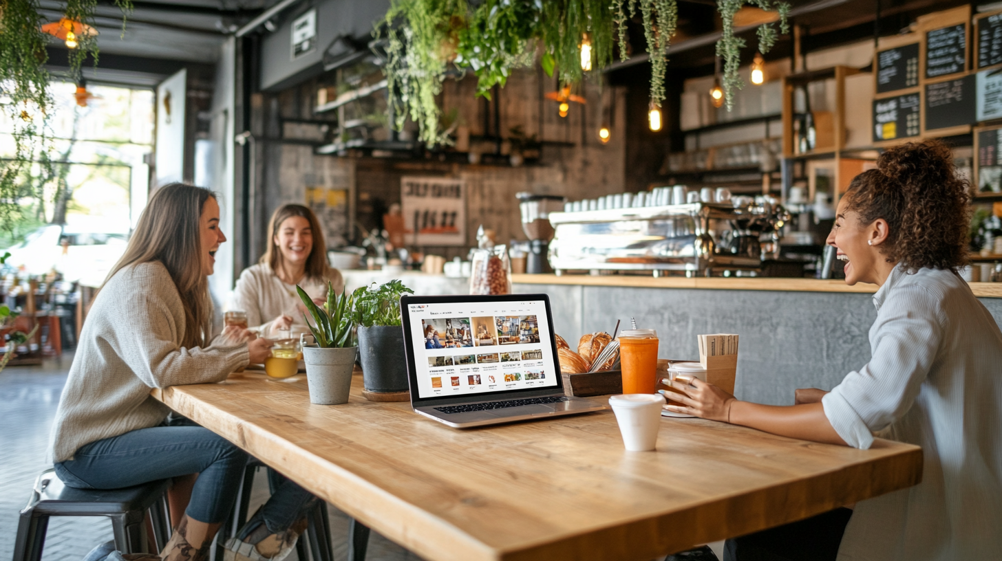 Excited Friends Planning Trip in Café with Laptop 