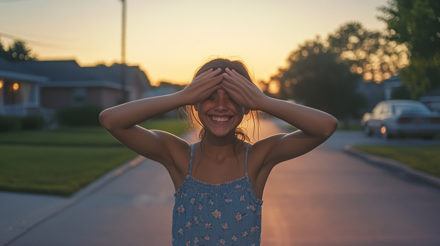 Excited Girl Awaiting Surprise Gift at Dusk