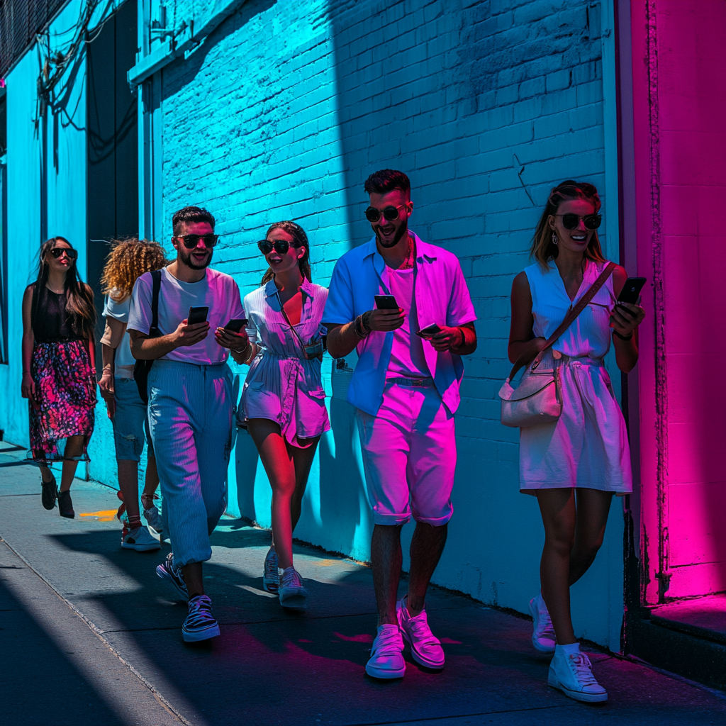 Excited Group Leaving Work, Ordering Food, Smartphone Users, Stylish, Blue, Pink