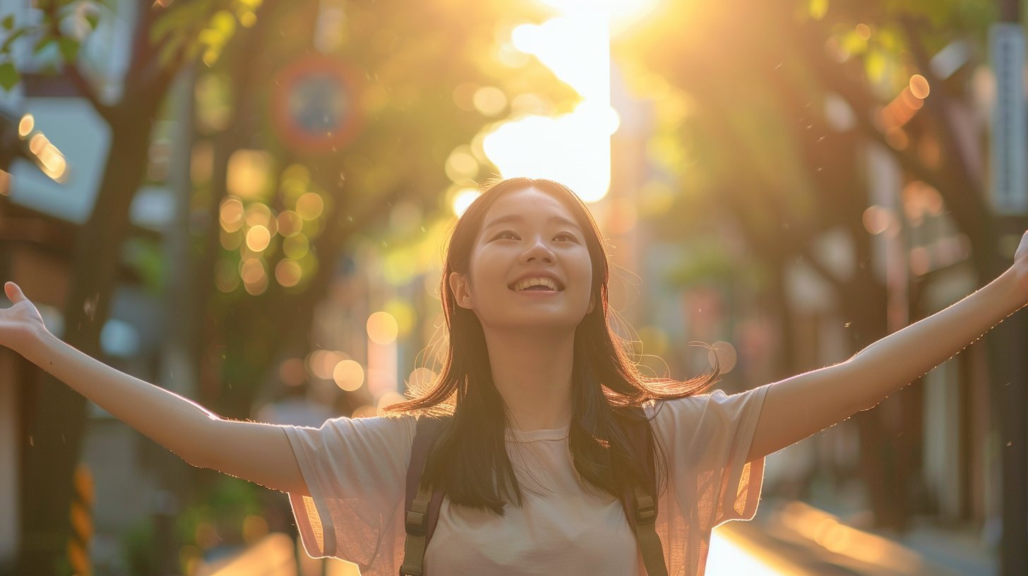 Excited Japanese student in Nagasaki city, smiling in sunlight.