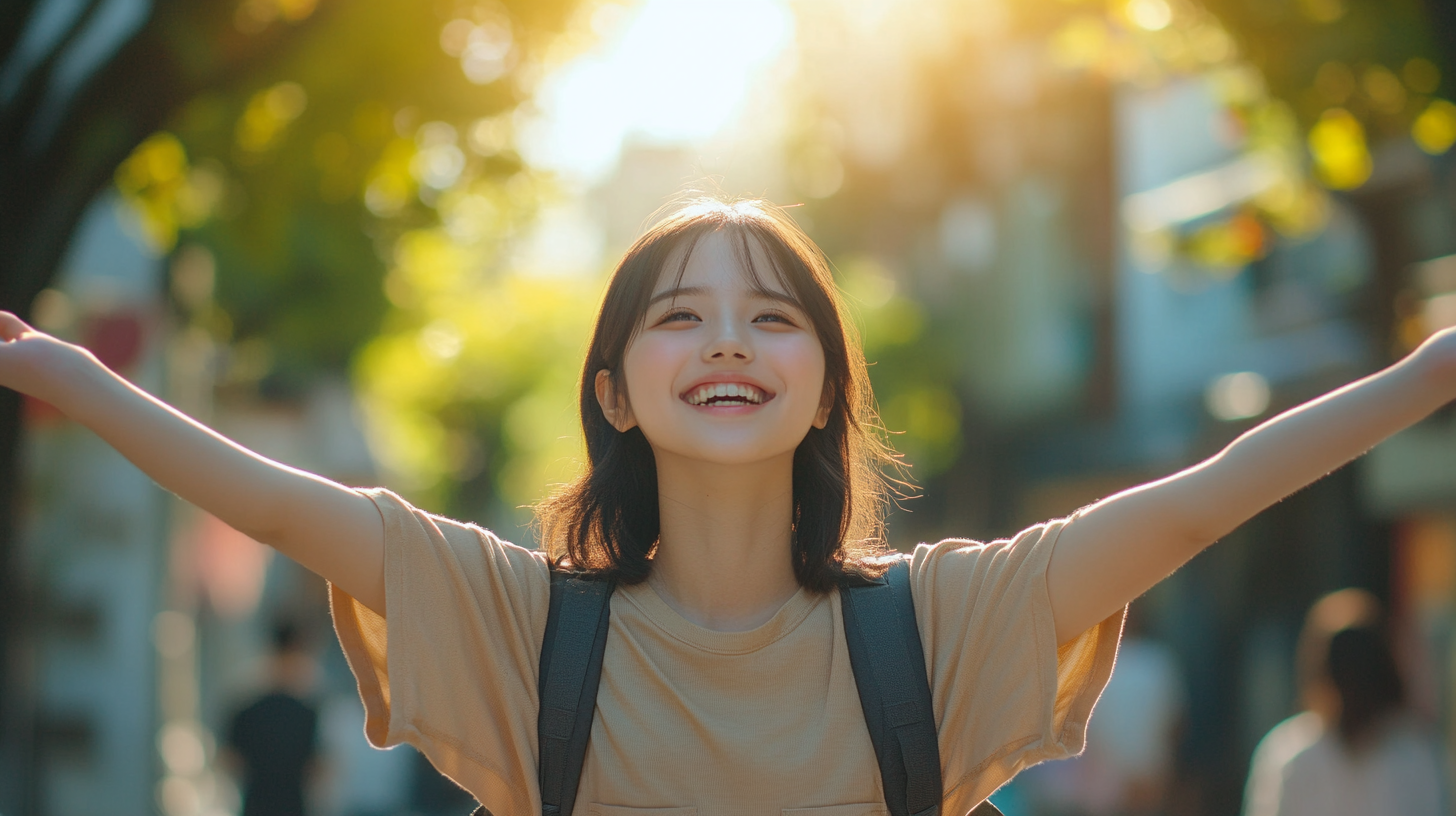 Excited Japanese student in Nagasaki street, smiling happily.