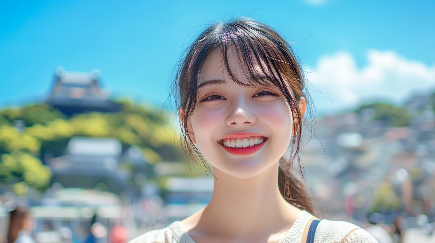 Excited Japanese student near Nagasaki landmark, smiling beautifully.