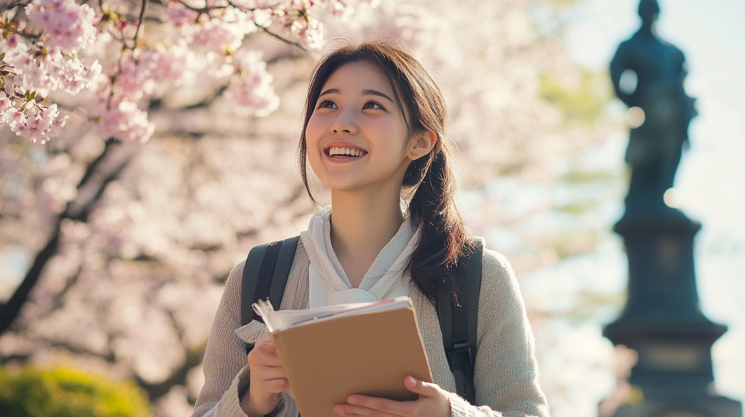 Excited Japanese student smiling near Nagasaki Peace Park.