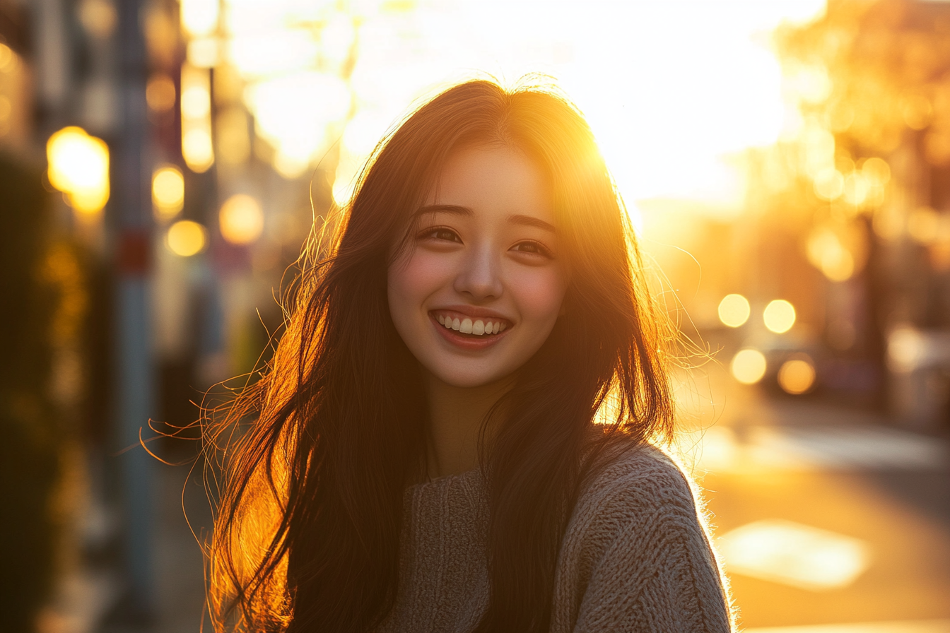 Excited Japanese university student in vintage street setting.