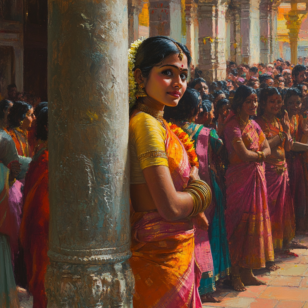 Excited South Indian woman in halfsaree at temple festival.