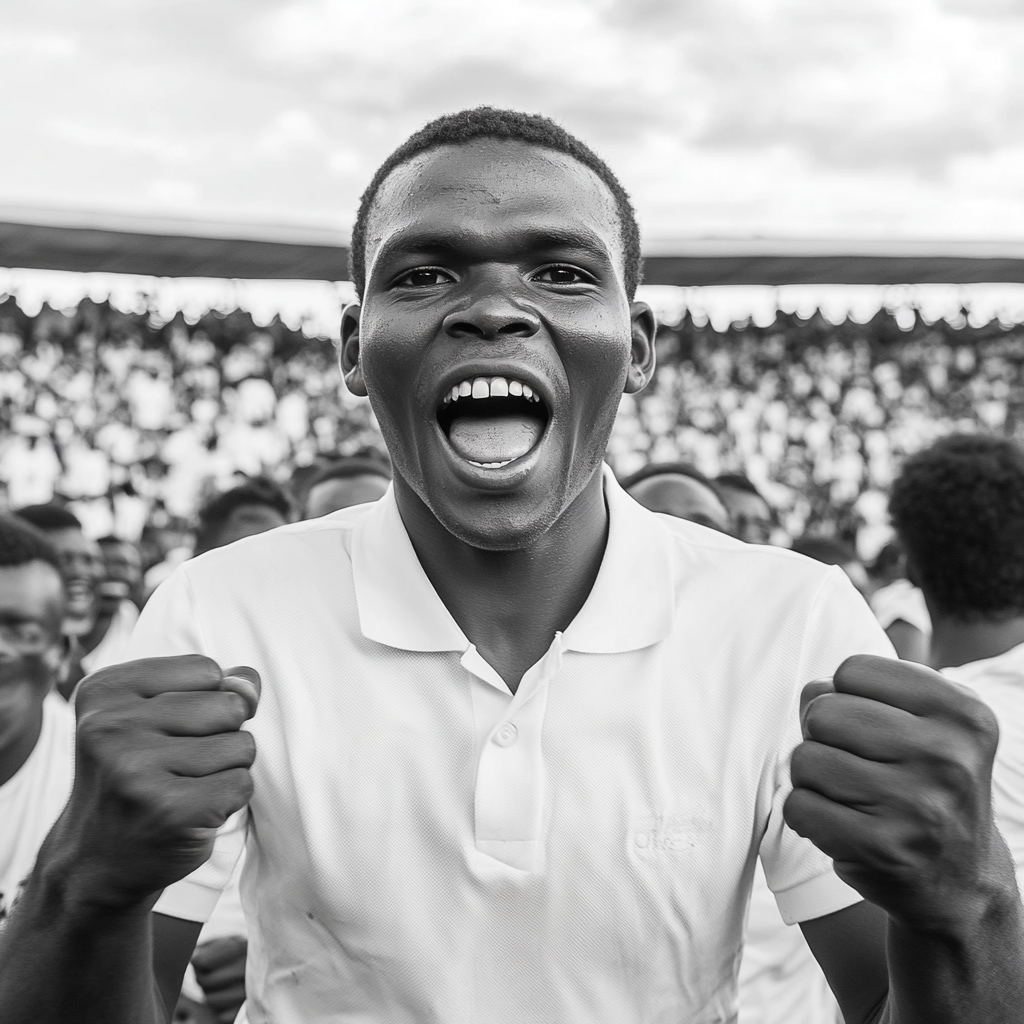 Excited Tanzanian Man celebrates victory in a stadium