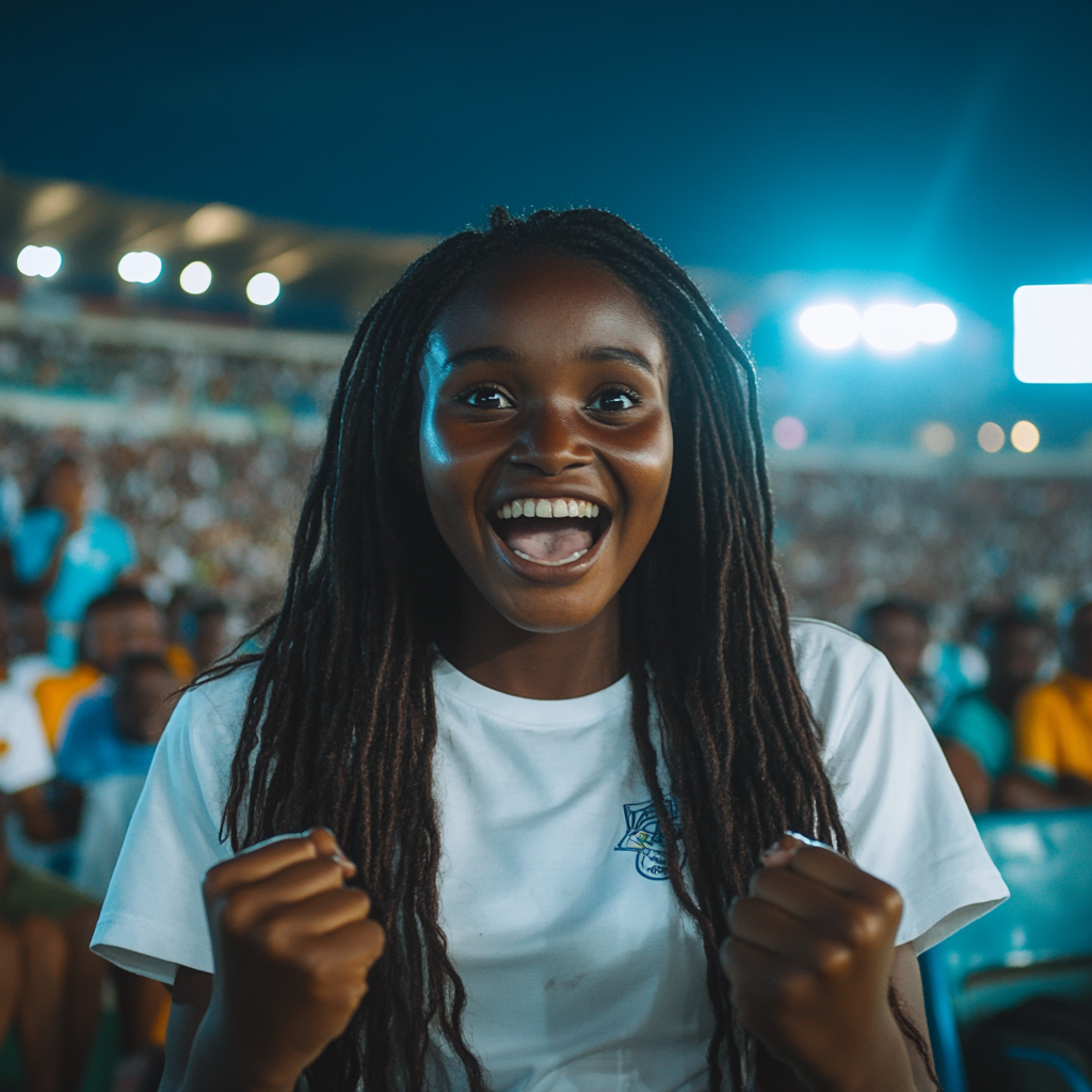 Excited Tanzanian girl celebrates in football stadium