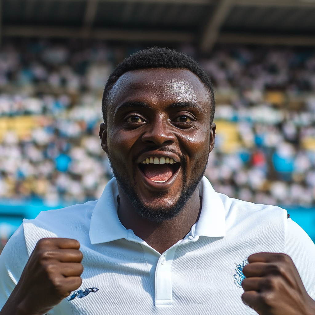 Excited Tanzanian man celebrates victory in packed stadium