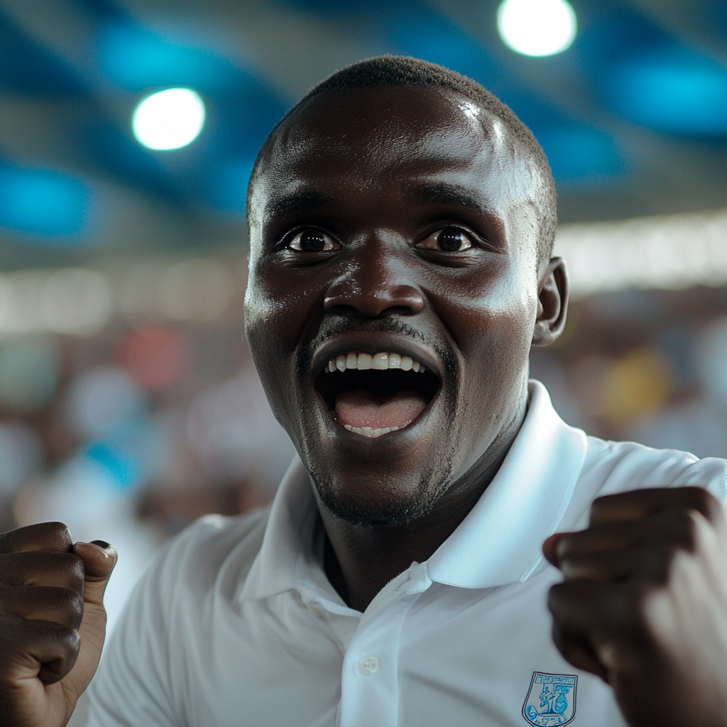 Excited Tanzanian man celebrates victory in stadium