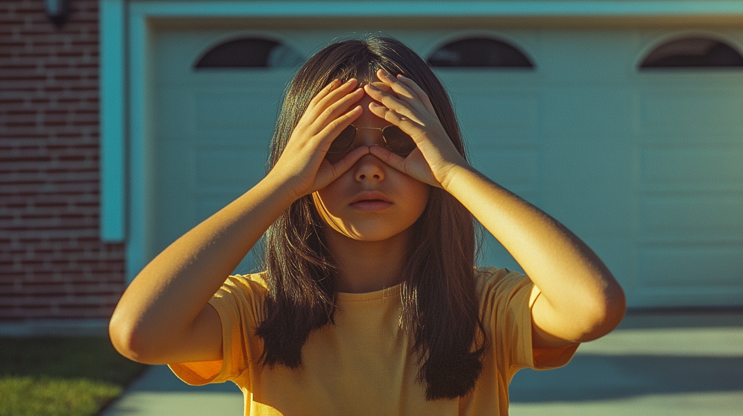 Excited Teenager awaiting Surprise in Suburban Driveway