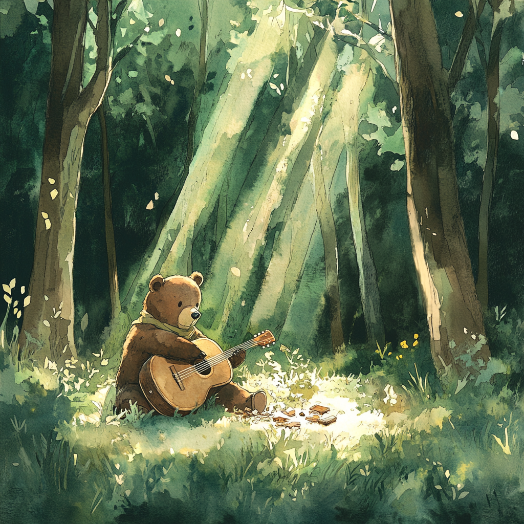 Excited bear finds a broken guitar in forest.