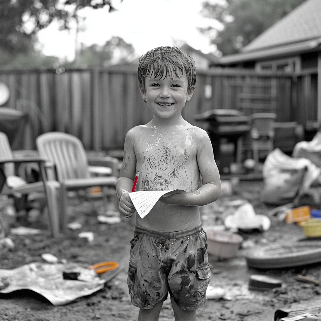 Excited boy seeking approval, clutching paper and pen.