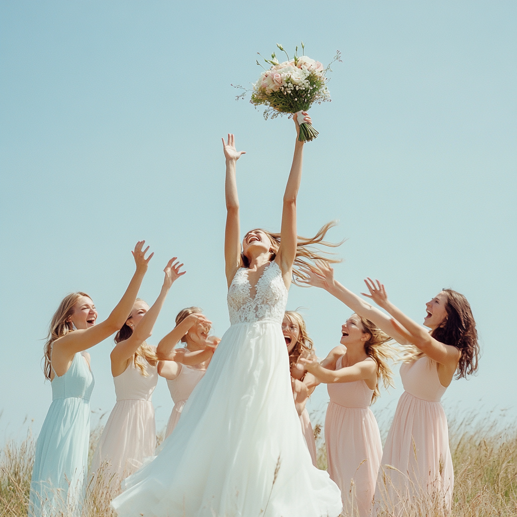 Excited bridesmaids catch bridal bouquet outdoors.