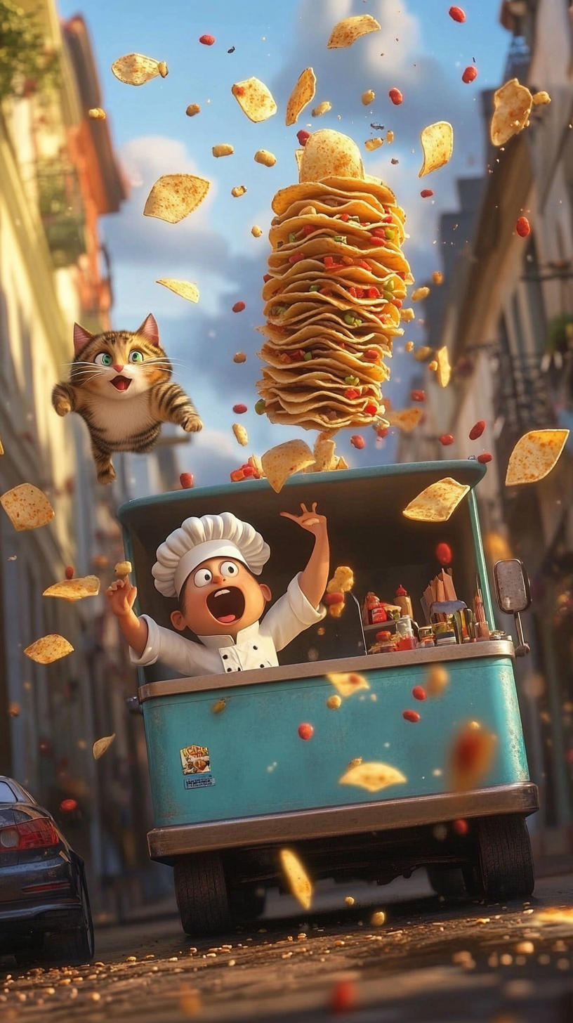 Excited cat watches chef in taco truck mishap.