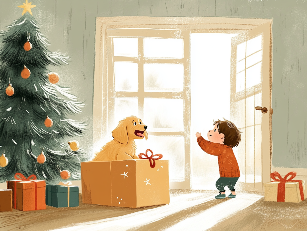 Excited child with Golden Retriever puppy in Christmas box.