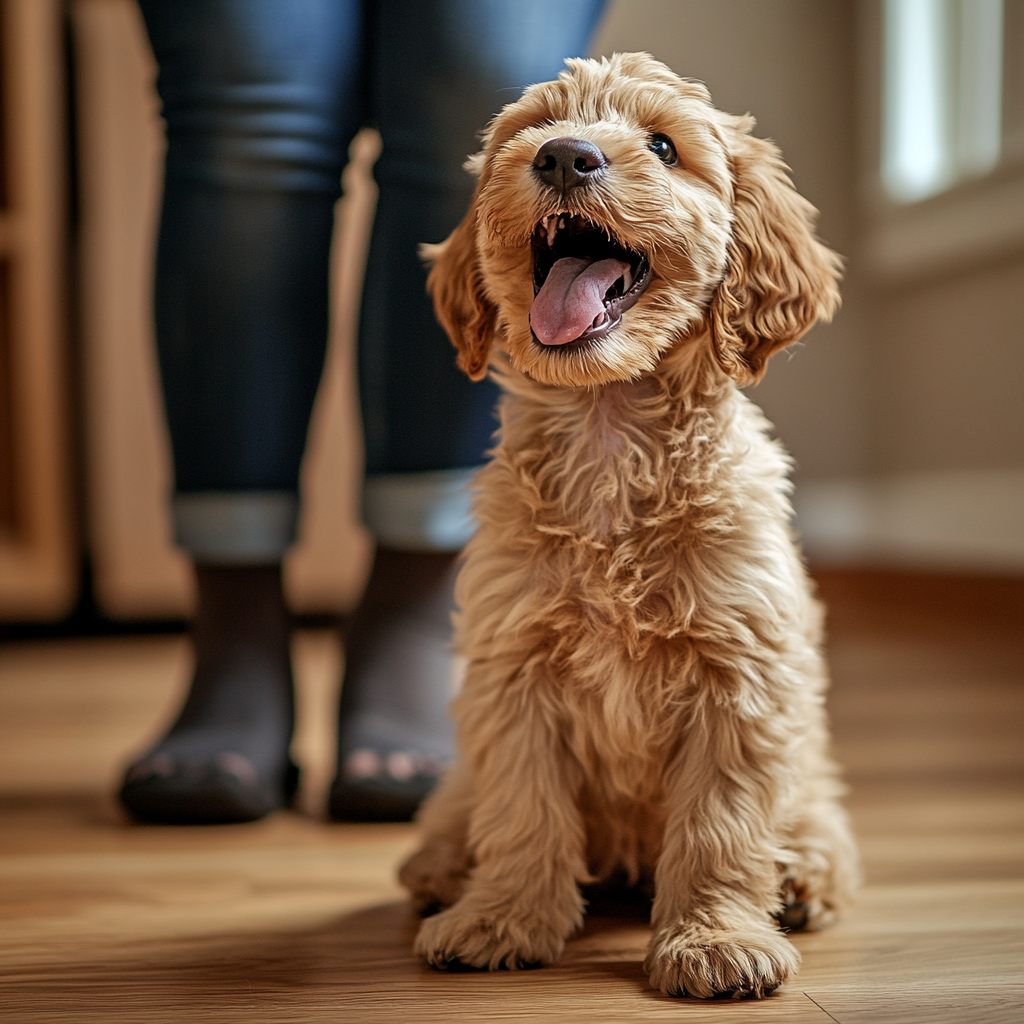 Excited golden doodle puppy about to bark indoors.