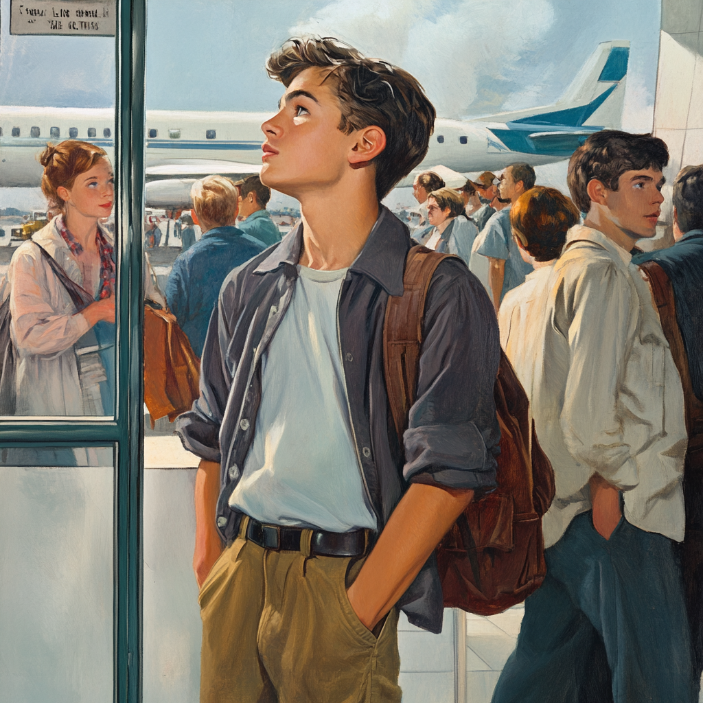 Excited man at airport gate looks at schedule