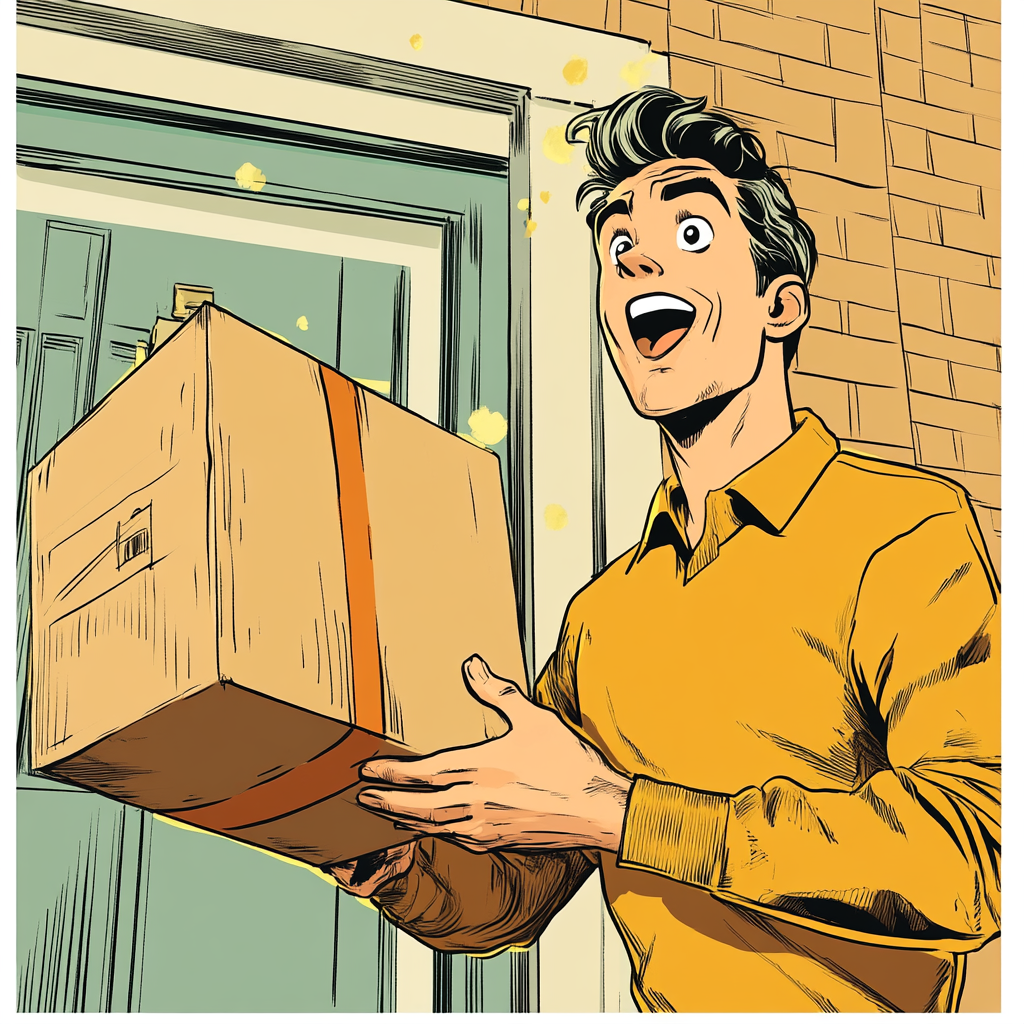 Excited man at front door with giant package