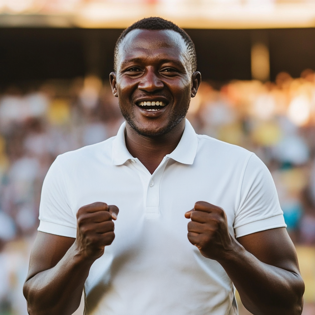 Excited man celebrates victory in glittering stadium