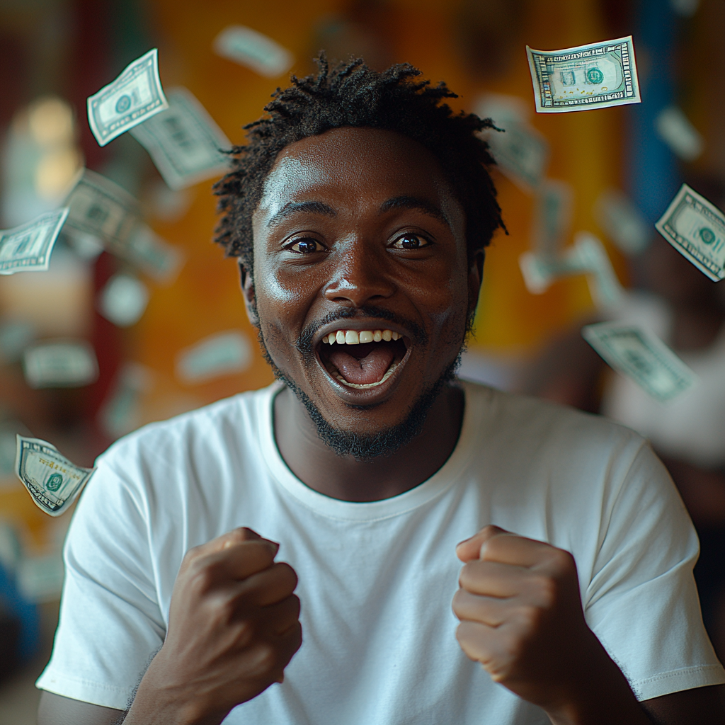 Excited man celebrates victory with falling money