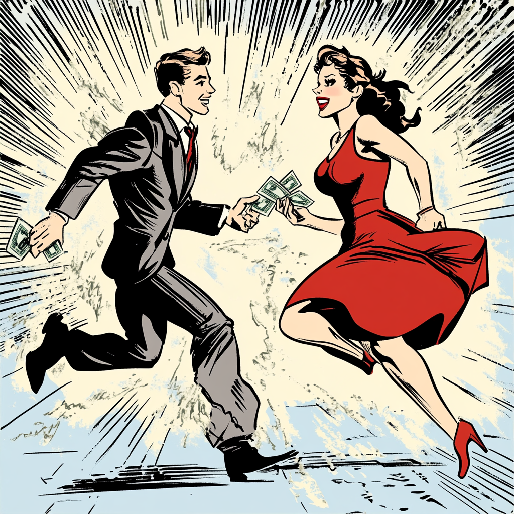 Excited man chases woman with money, dramatic comic