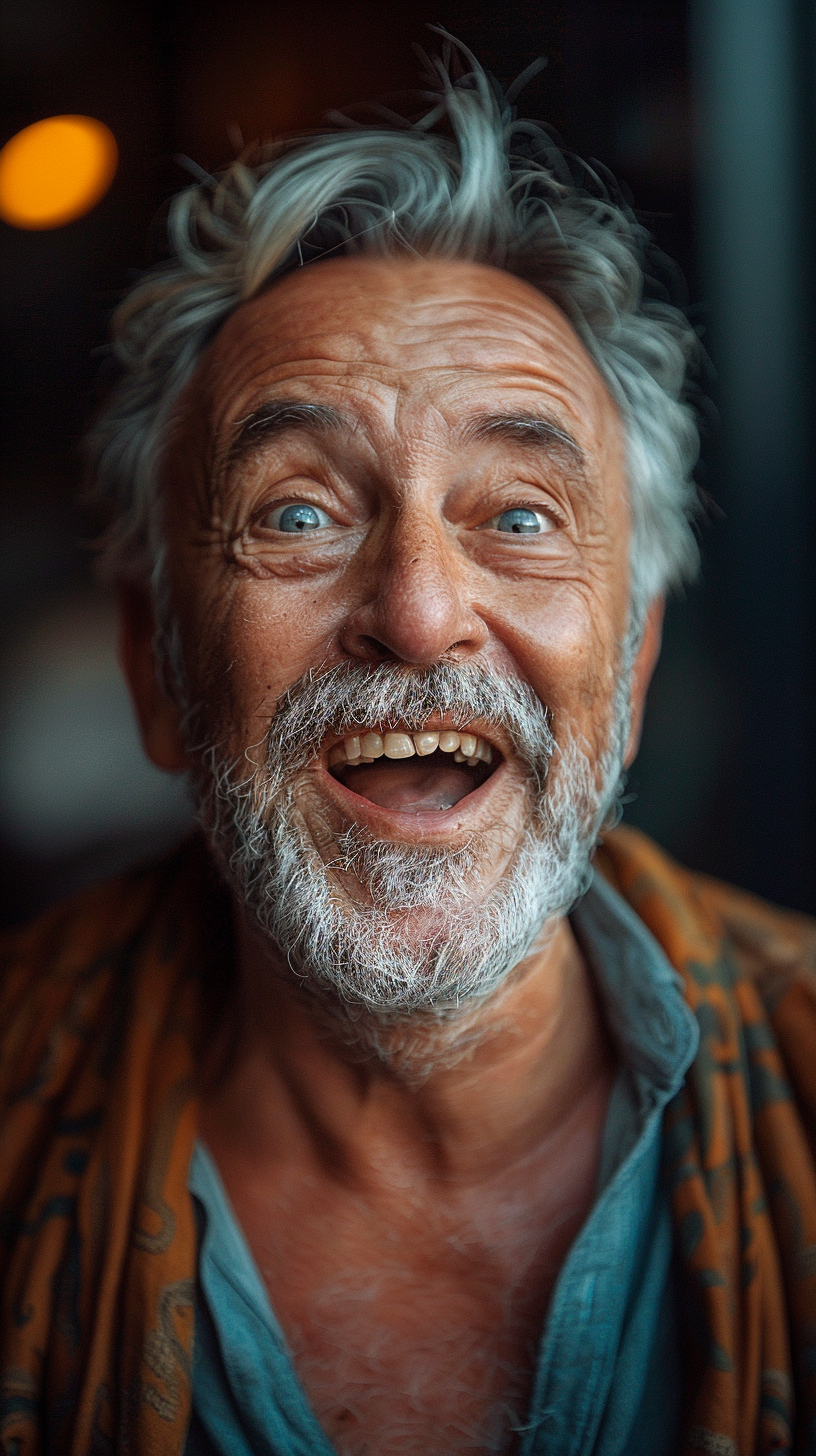 Excited man in living room with open arms.