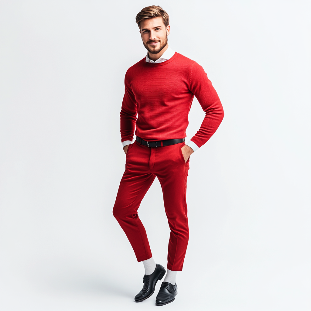 Excited man in red sweater and slacks, professional pose.