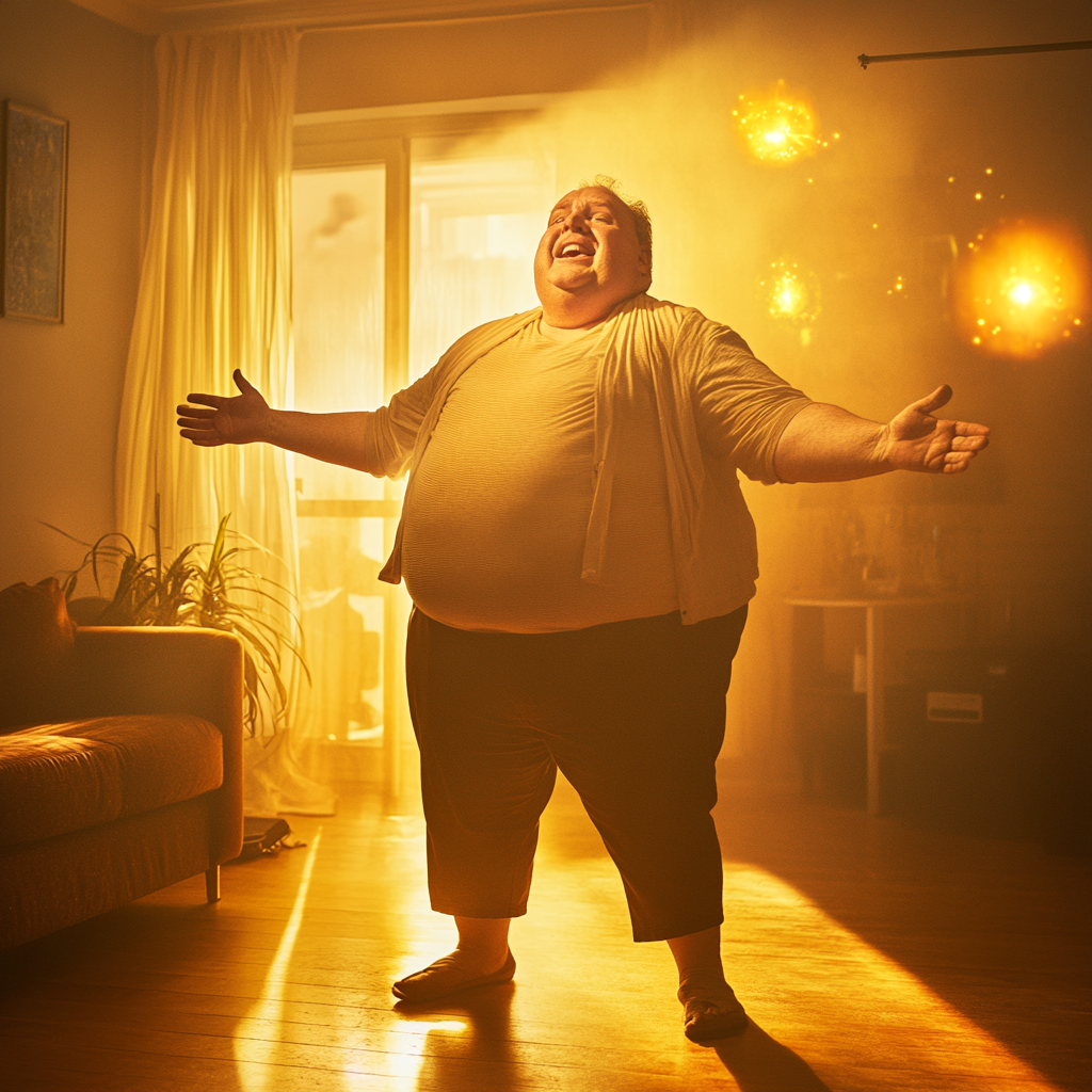 Excited obese man in living room with open arms