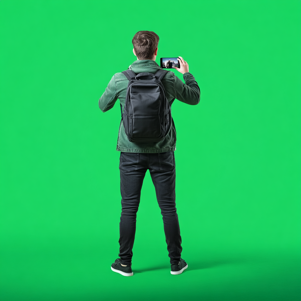 Excited pedestrian taking pictures on phone, green screen background