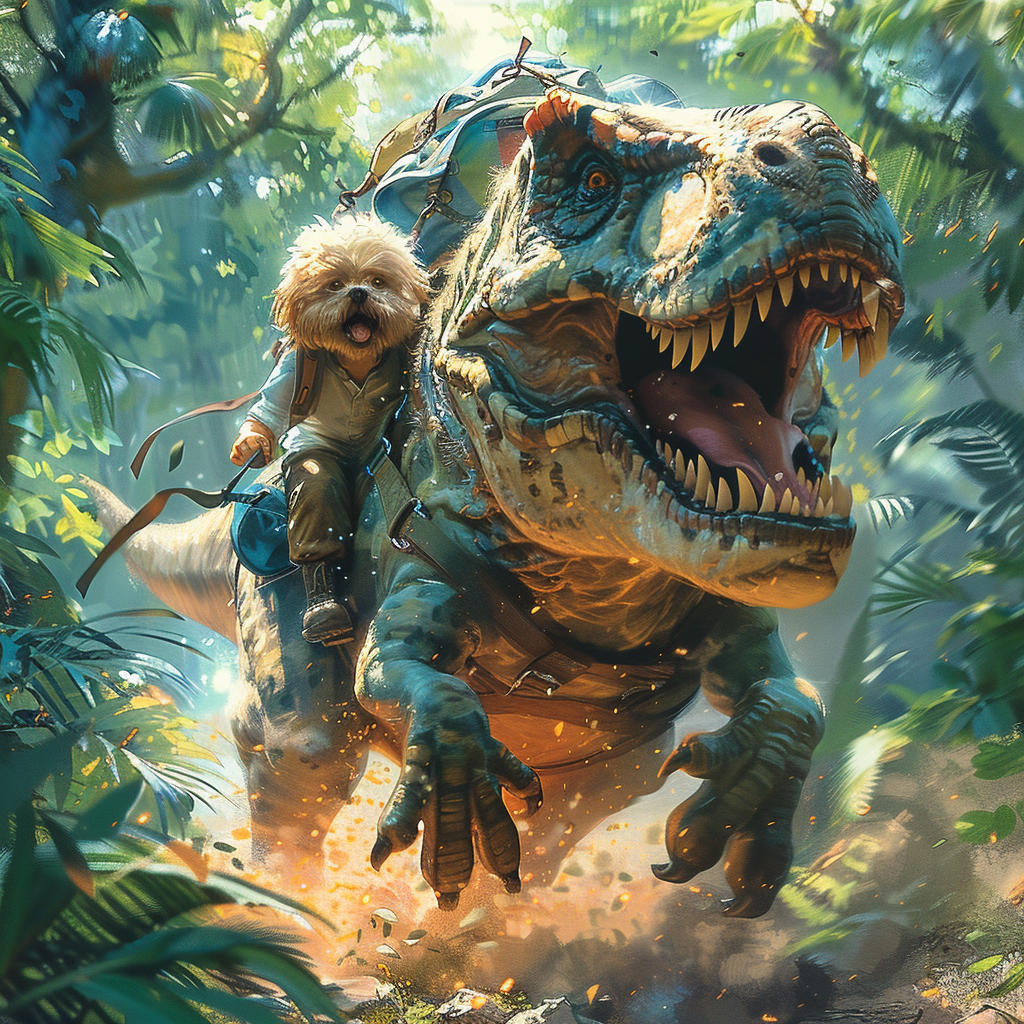 Excited shih tzu riding T. rex through jungle adventure.