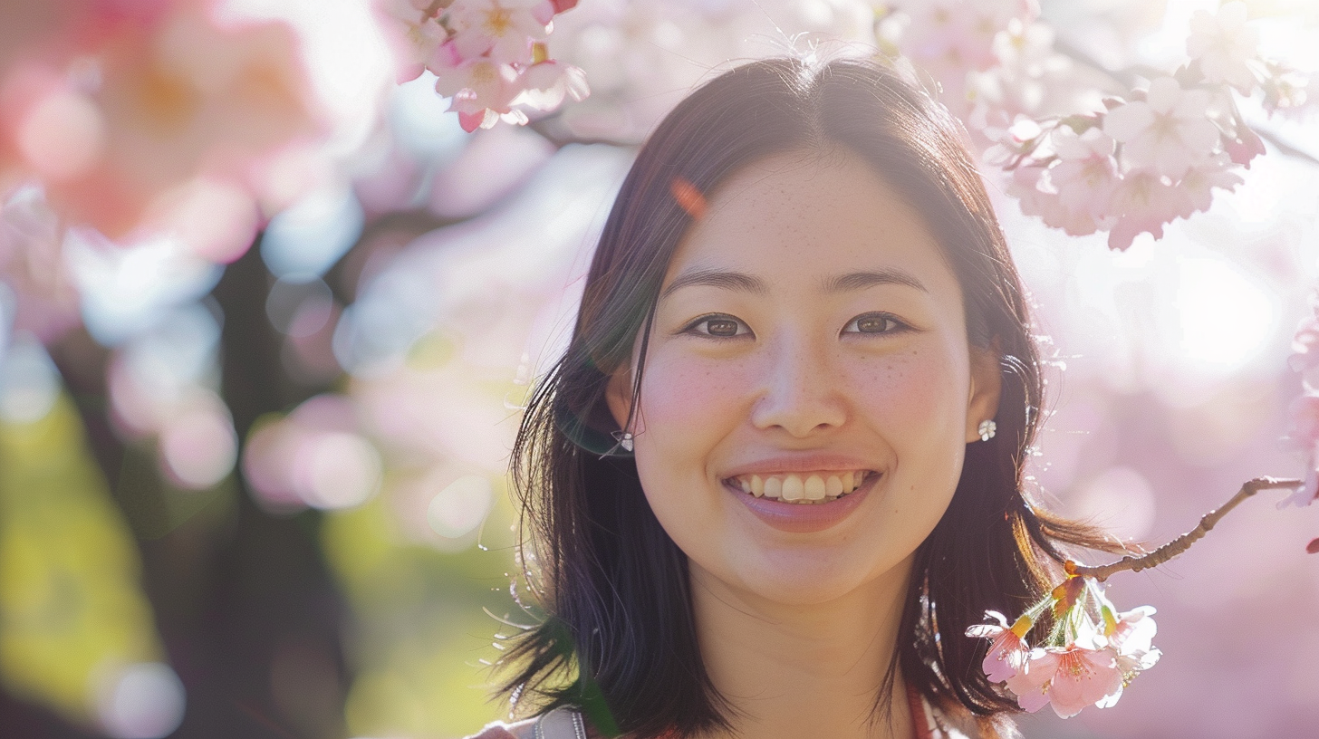 Excited university student near cherry blossoms, smiling brightly.