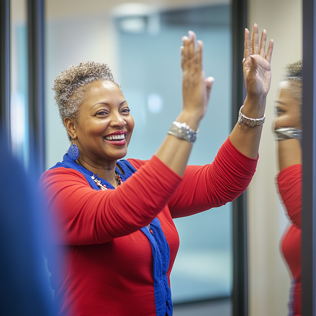 Excited woman celebrating with mirror high-five, joyful expression.