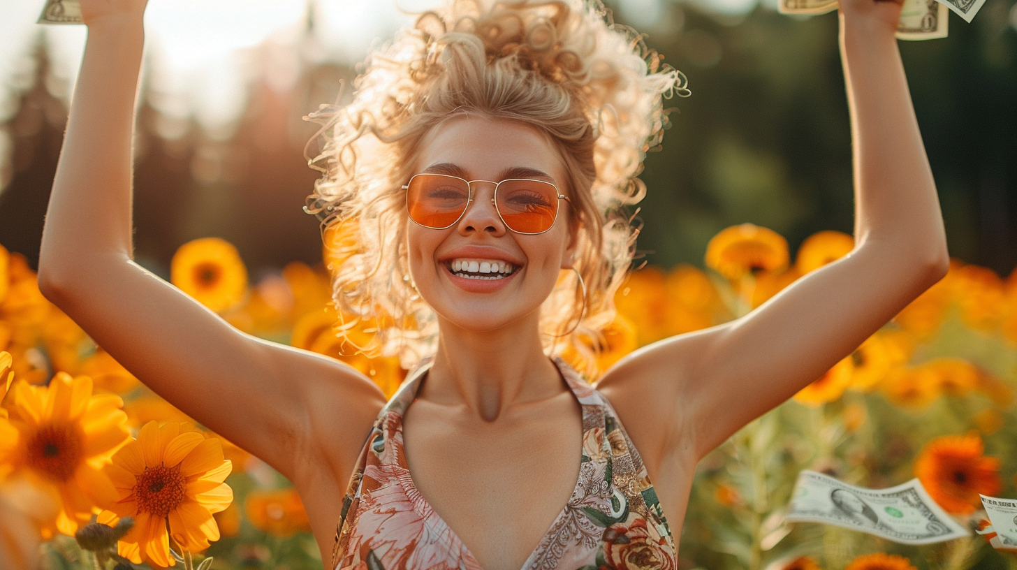 Excited woman in fitness clothes, saving money, Canon camera.