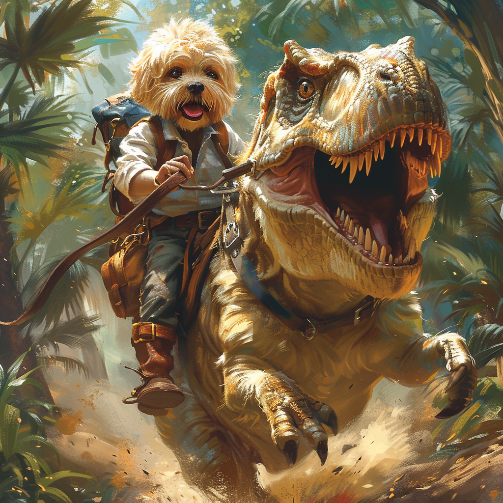 Exciting adventure: shih tzu rides T. rex in jungle.