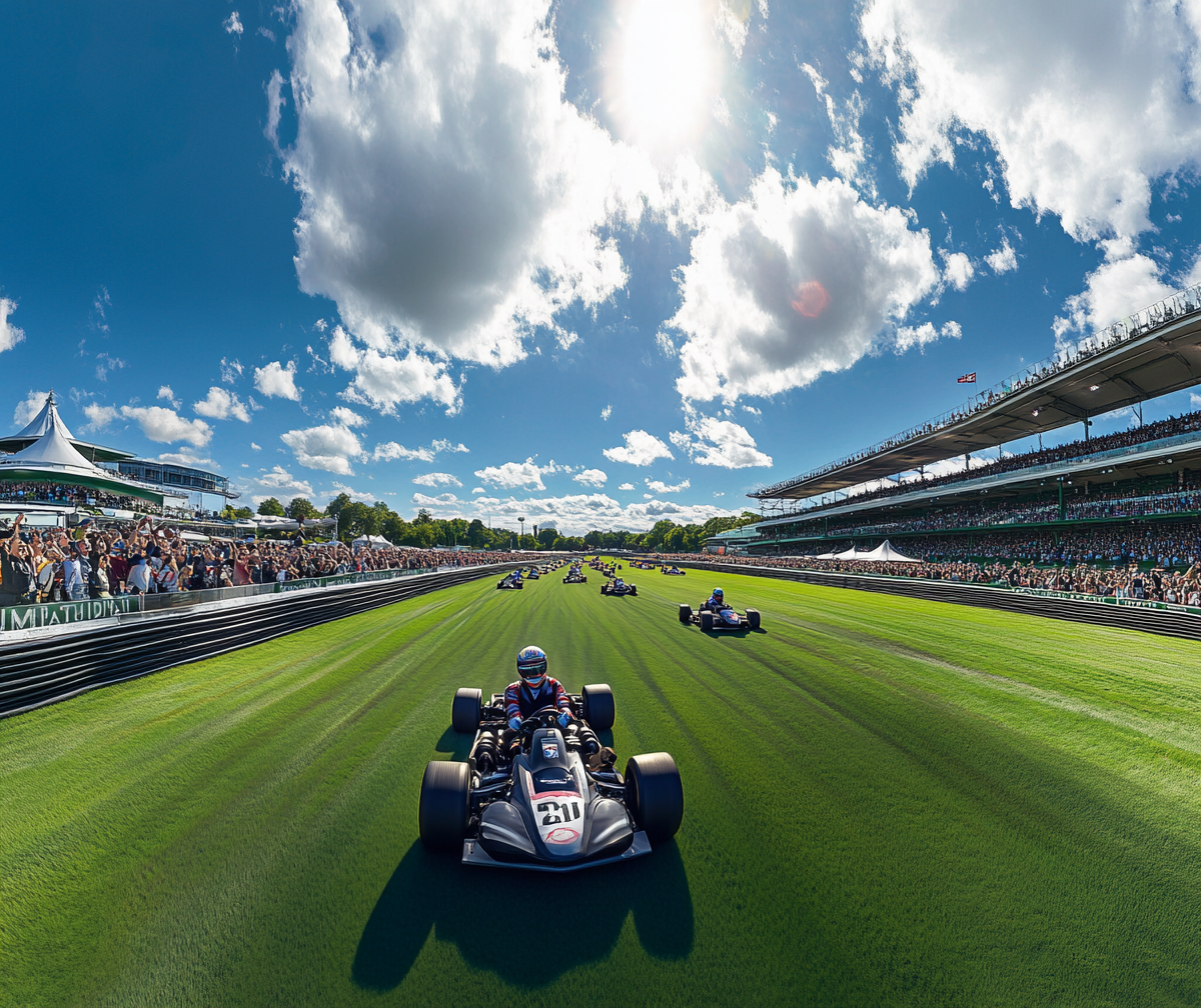 Exciting go-kart race at Ascot with crowds.