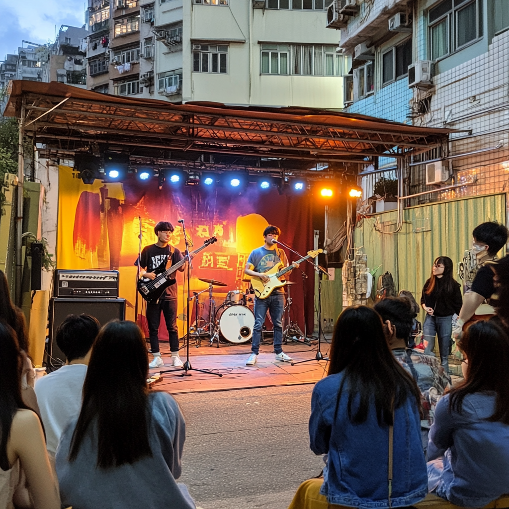 Exciting music show on street with colorful lights.