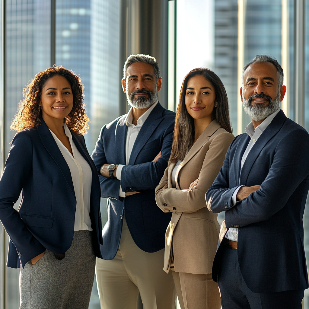 Executives from different backgrounds standing by window confidently